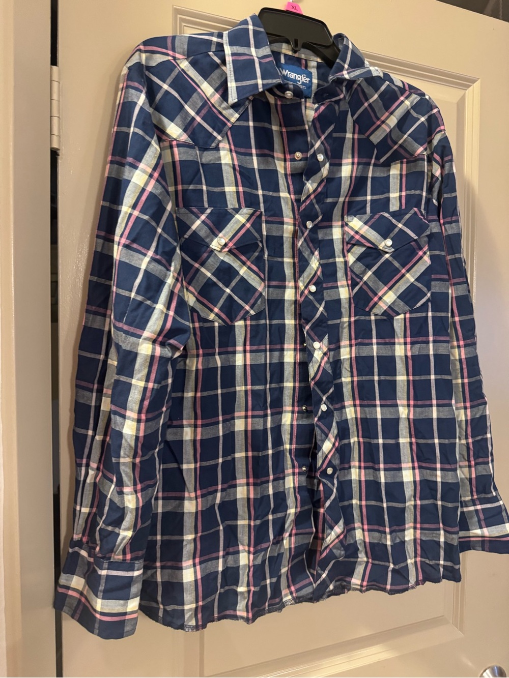 Wrangler Navy Blue Plaid Western Shirt with Pink Accents